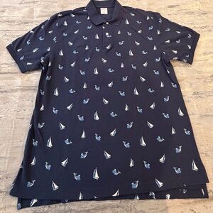 Men's BROOKS BROTHERS 346 NAVY BLUE SAIL BOAT & WHALE POLO KNIT SHIRT - Large